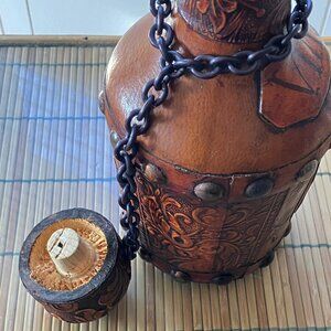 Leather embossed wine carafe w/2 matching glasses featuring legend Don Quixote